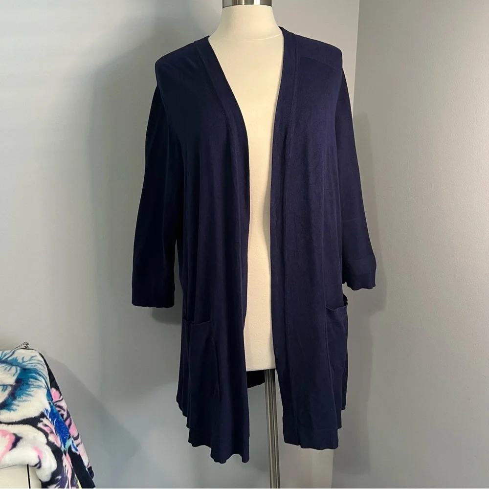 Belle by Kim Gravel Size XL Navy Blue Feather Knit 3/4 Sleeve Cardigan Sweater